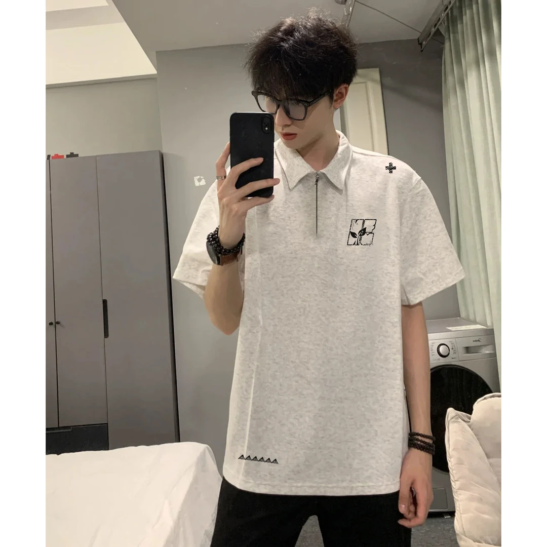 100%纯棉美式简约个性字母印花短袖Polo衫T恤男夏季宽松翻领上衣