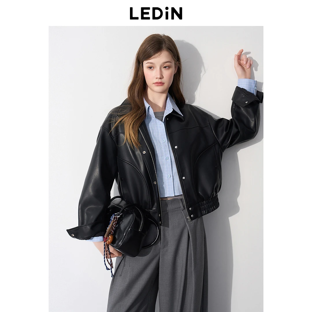 乐町韩系通勤短款仿蛋白皮皮衣外套2025春季新款休闲翻领夹克上衣