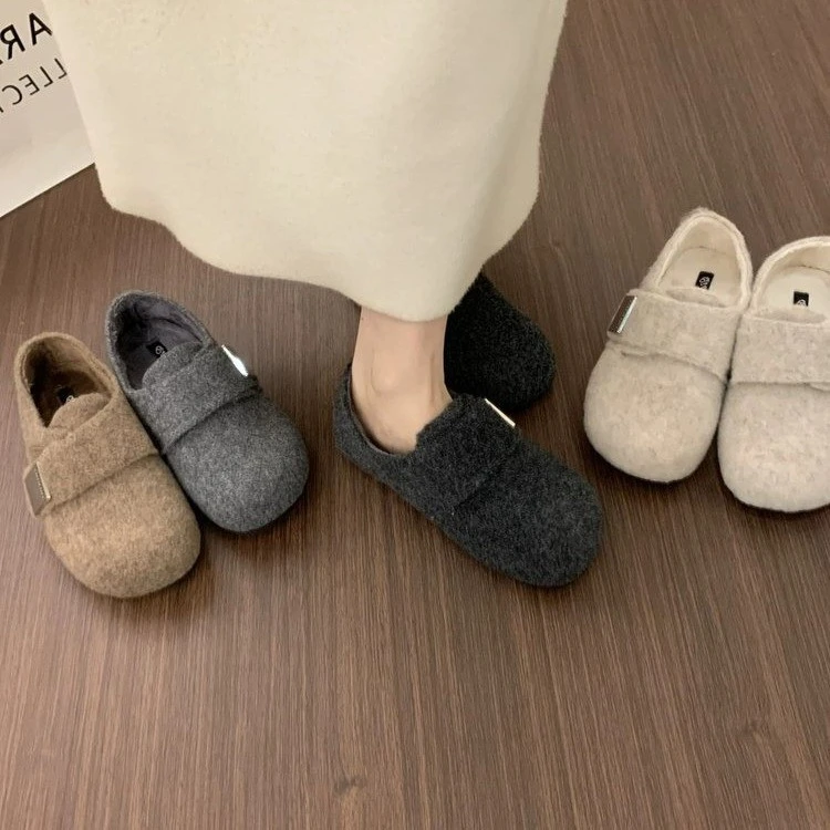 内增高毛呢勃肯鞋女2025秋冬新款复古深口一脚蹬加绒保暖毛毛棉鞋