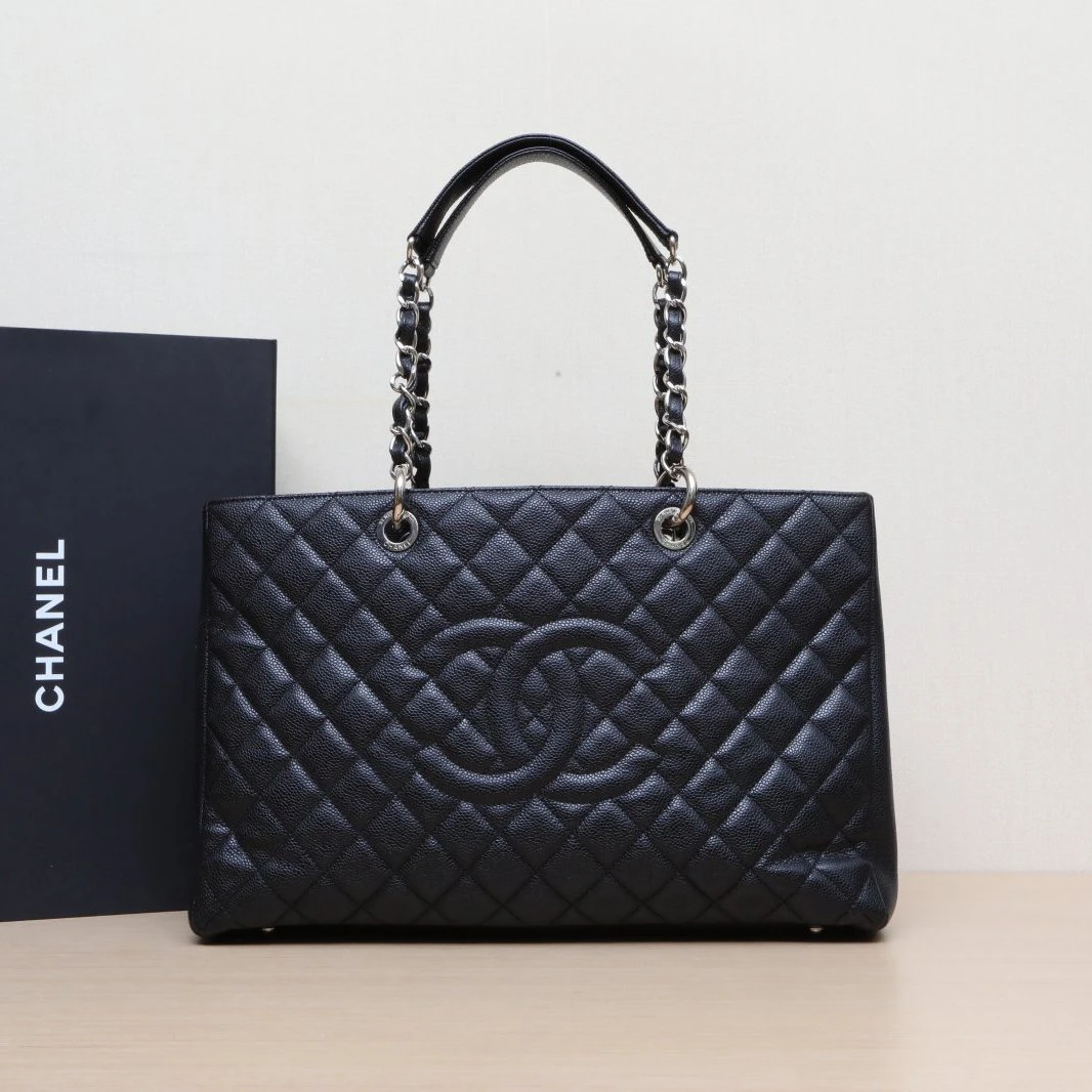 95新 Chanel/香奈儿 小花双双 GST 购物袋 大号 黑色 荔枝牛 18开