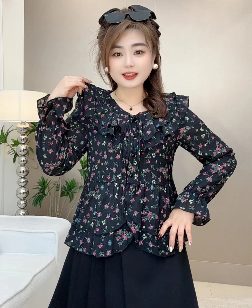 大码女装胖mm时尚洋气碎花减龄长袖2025春季新款收腰显瘦法式上衣
