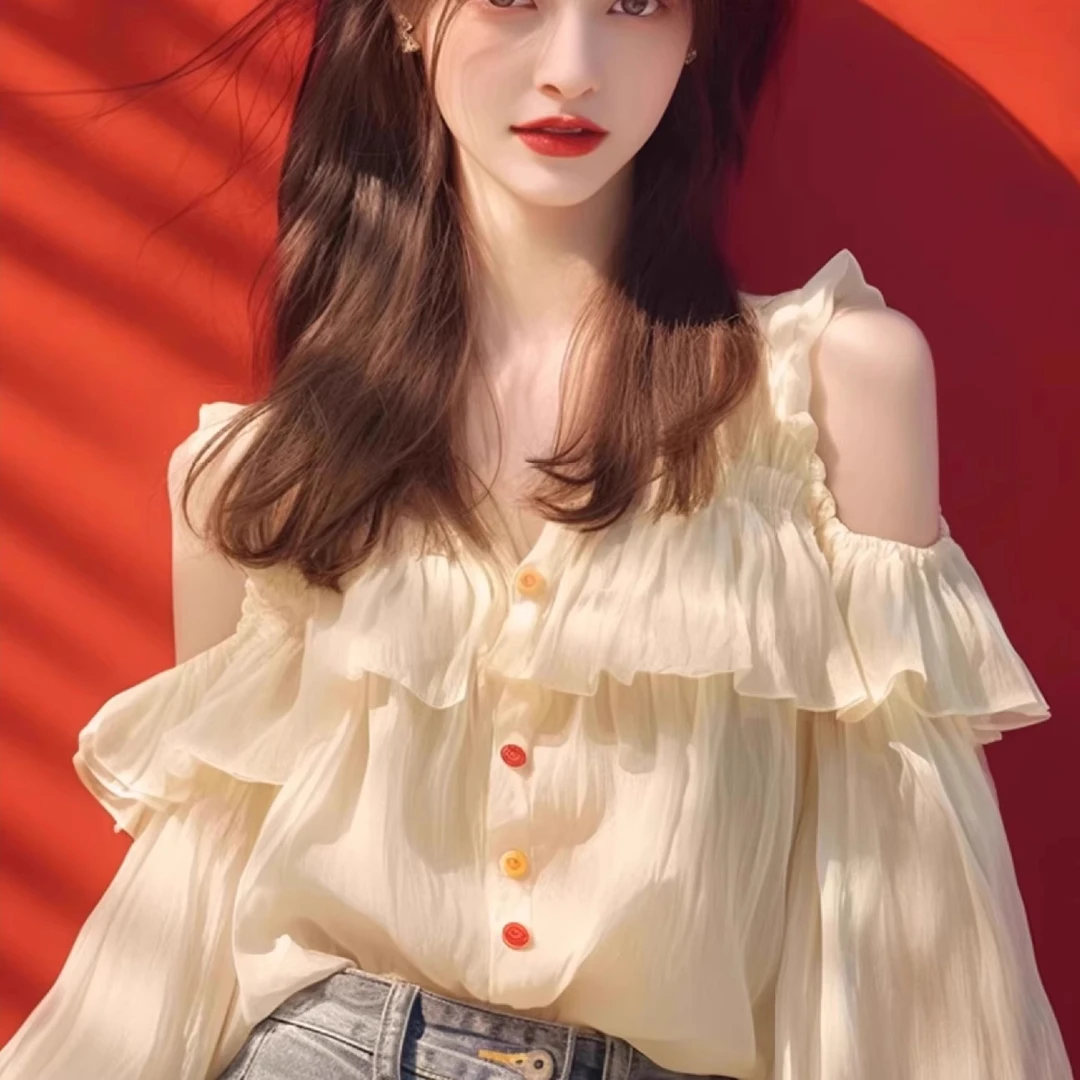 今年流行漂亮雪纺衫女夏季荷叶边高级挖肩法式衬衫娃娃衫上衣减龄