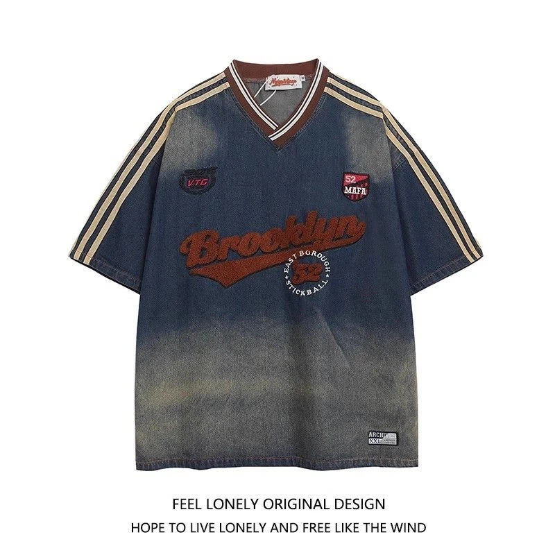 美式复古潮牌毛巾绣字母牛仔短袖T恤男女宽松潮牌百搭半袖v领上衣