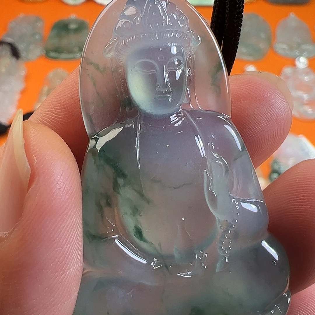 自***在吊坠(不含链)18K金镶嵌翡翠冰紫飘蓝花素衣
