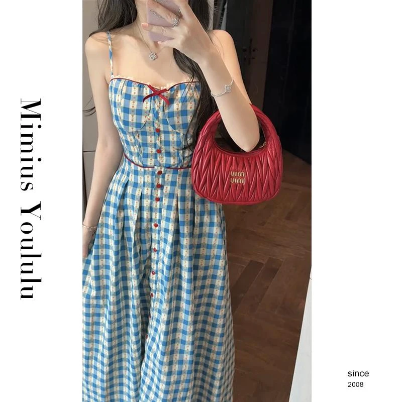 【mimius】L 小众复古蓝格吊带收腰连衣裙+开衫（含薄胸垫） G04046
