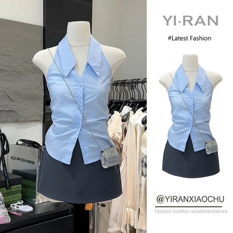 夏季时尚气质套装女新款高级感翻领无袖蓝色衬衫百搭短裙两件套装