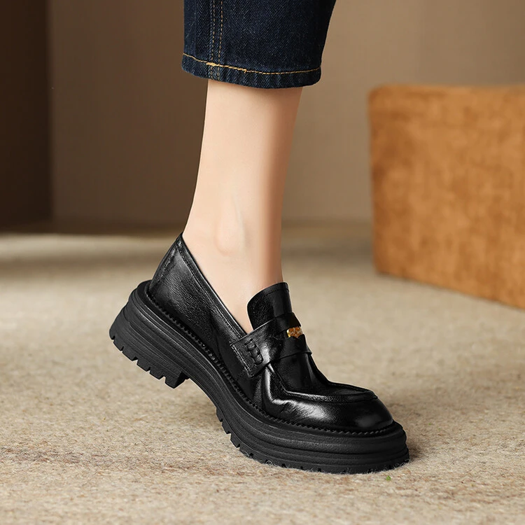 李大龙~羊皮4公分/厚底新款英伦风小皮鞋女圆头春季粗跟乐福鞋