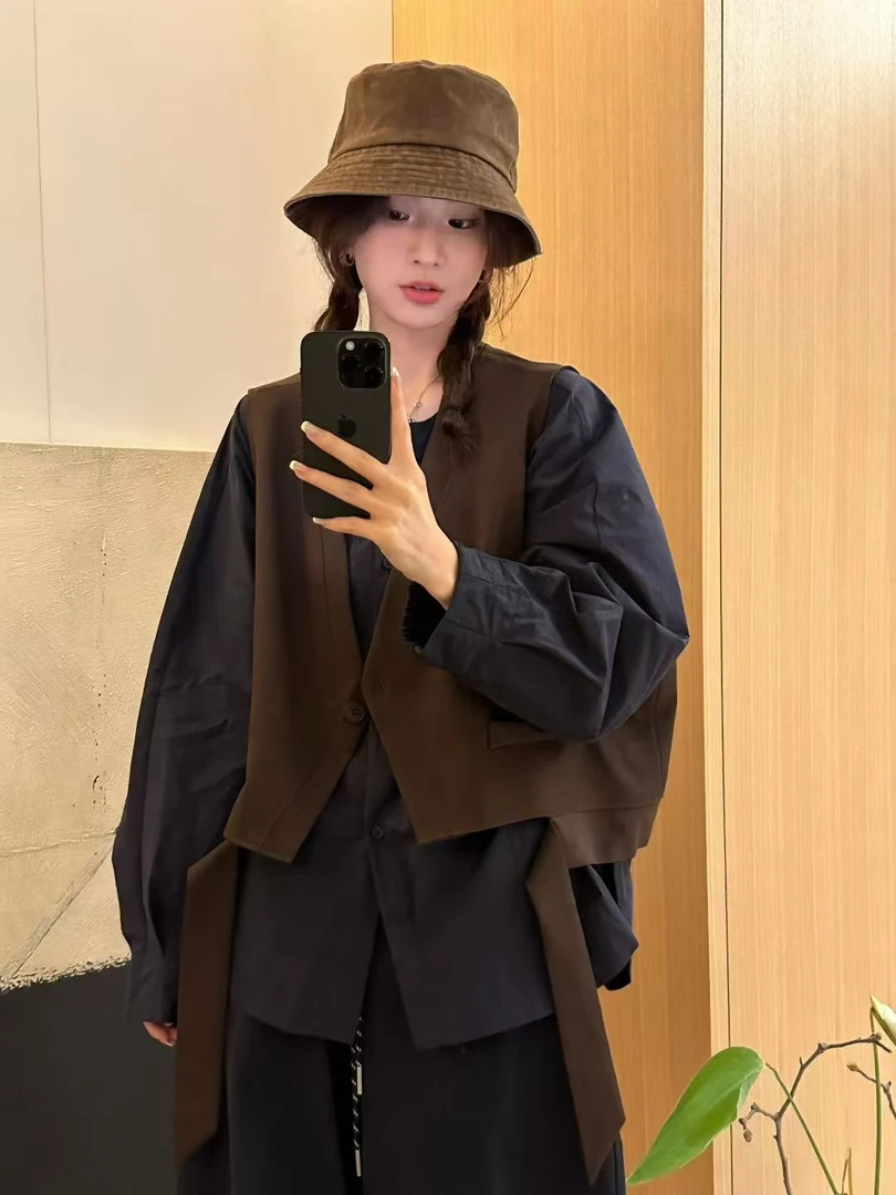 早秋韩系不规则马甲加衬衫套装女宽松显瘦小个子百搭上衣