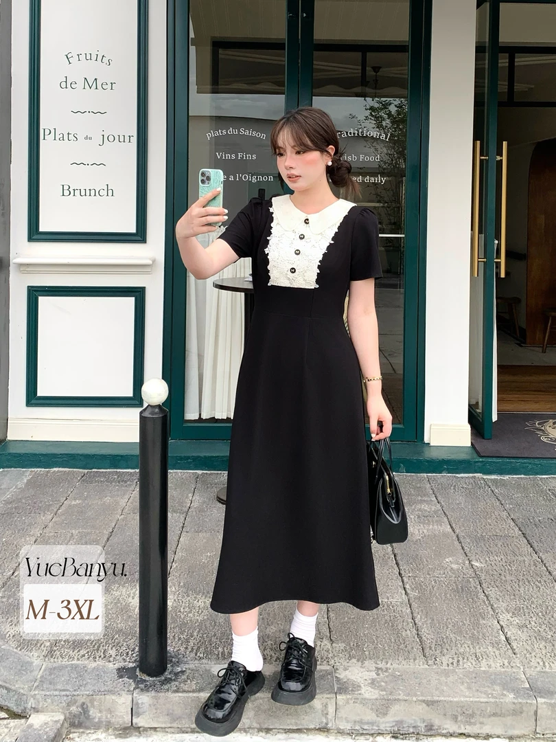 月半鱼【露丝裙】露思同款miu系千金蕾丝娃娃领短袖小黑裙生日裙