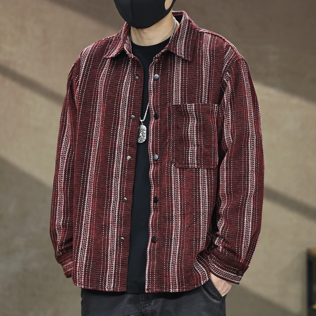 那不勒斯暗纹提花雪尼尔条纹衬衫男士秋季高级感美式宽松长袖衬衣