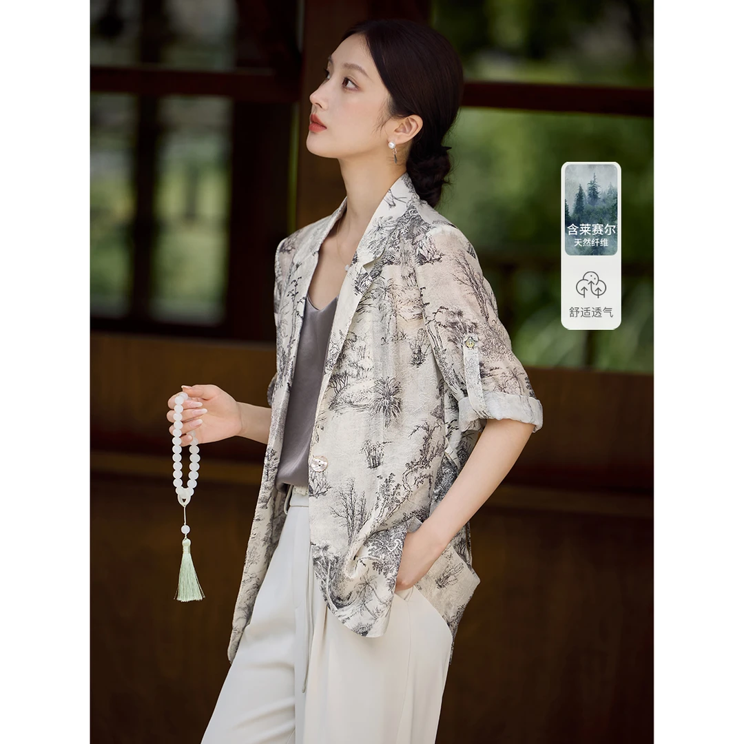 XWI/欣未2025夏季设计感系带山水画新中式印花气质西装外套女4368