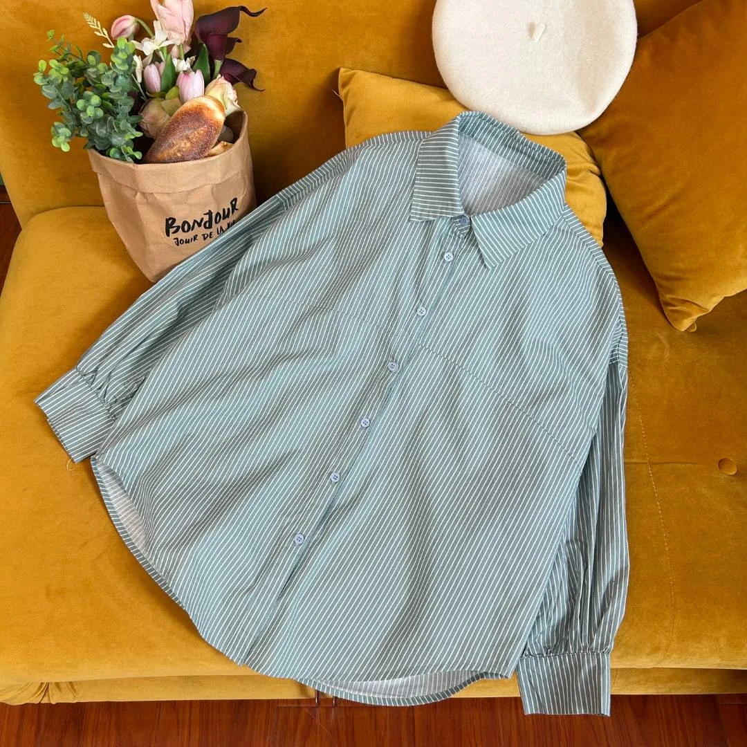 【青春学院】港风条纹长袖衬衫女宽松显瘦上衣气质衬衣洋气