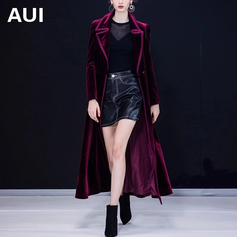 【粉丝专享】AUI酒红色大衣气质丝绒风衣女装外套XX-AUI18Q2806