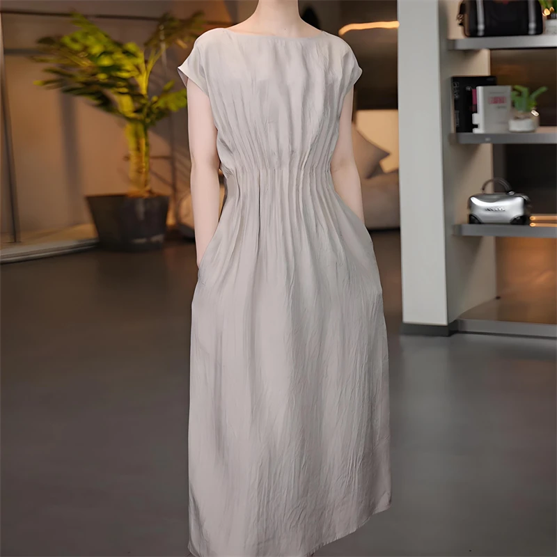 轻奢减龄时尚收腰褶皱连衣裙女夏季新款洋气高级感修身显瘦中长裙