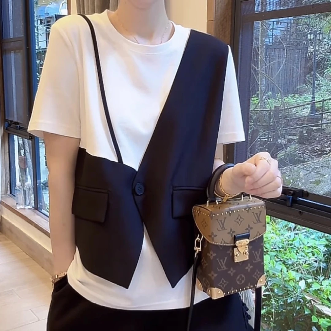 纯棉短袖t恤女夏2025新款设计感小众胖mm时尚潮流拼接假两件上衣