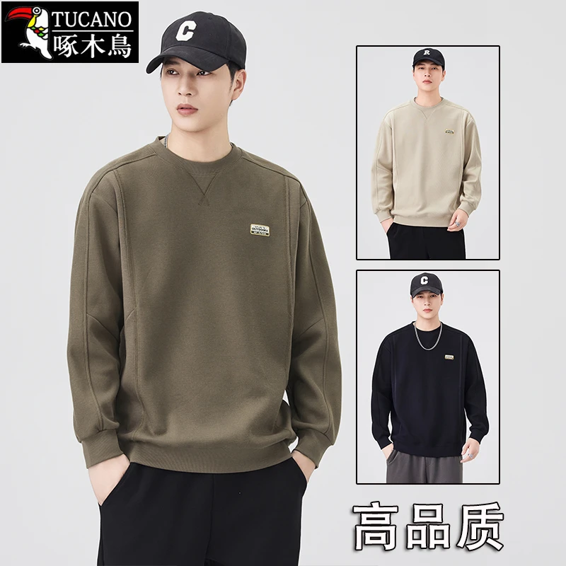 啄木鳥 高品质男士卫衣秋季圆领长袖t恤美式休闲时尚宽松上衣服男