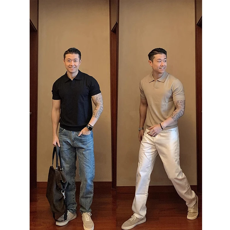 成熟稳重男装海鸥领男士短袖polo衫夏季英伦雅痞黑色正肩翻领t恤