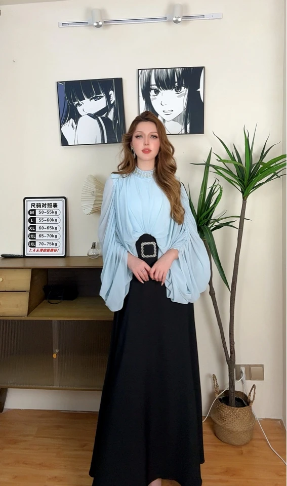 早秋蓝色薄纱七分袖宽松衬衫洋气时尚高级感连衣裙