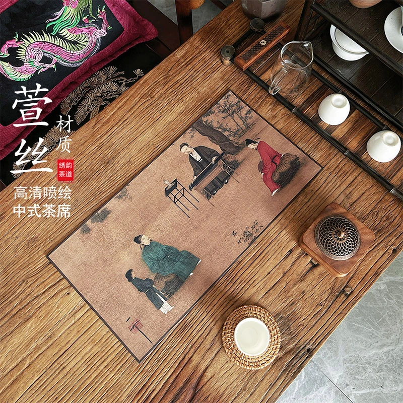 D7听琴萱丝纱茶席防水禅意茶巾茶杯垫干泡主人席数码喷绘茶道配件