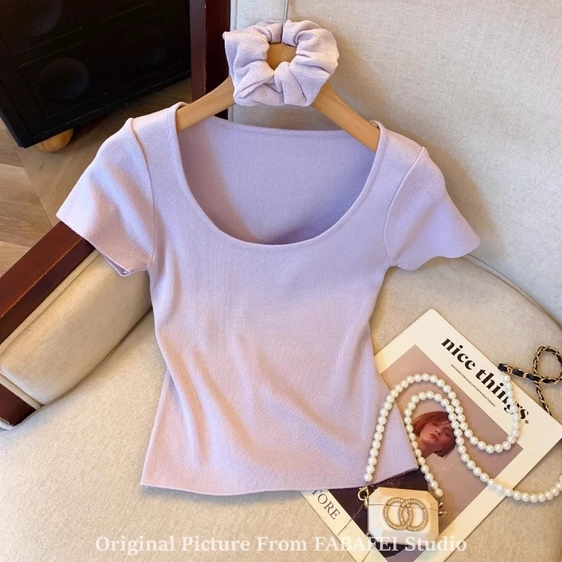 纯欲风u领紫色短袖针织衫女夏季薄款冰丝t恤套头甜辣小上衣配发圈