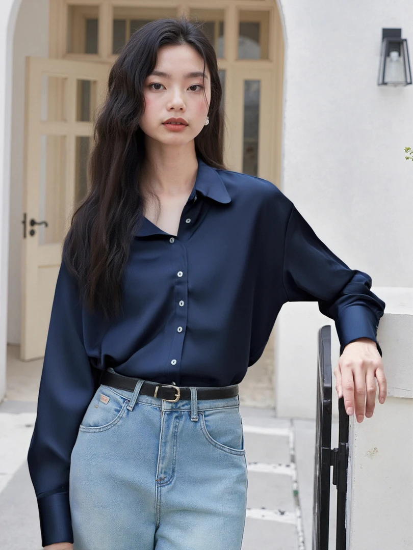 复古港风翻领春秋衬衣外套高级感中长款百搭叠穿内搭女休闲6C806