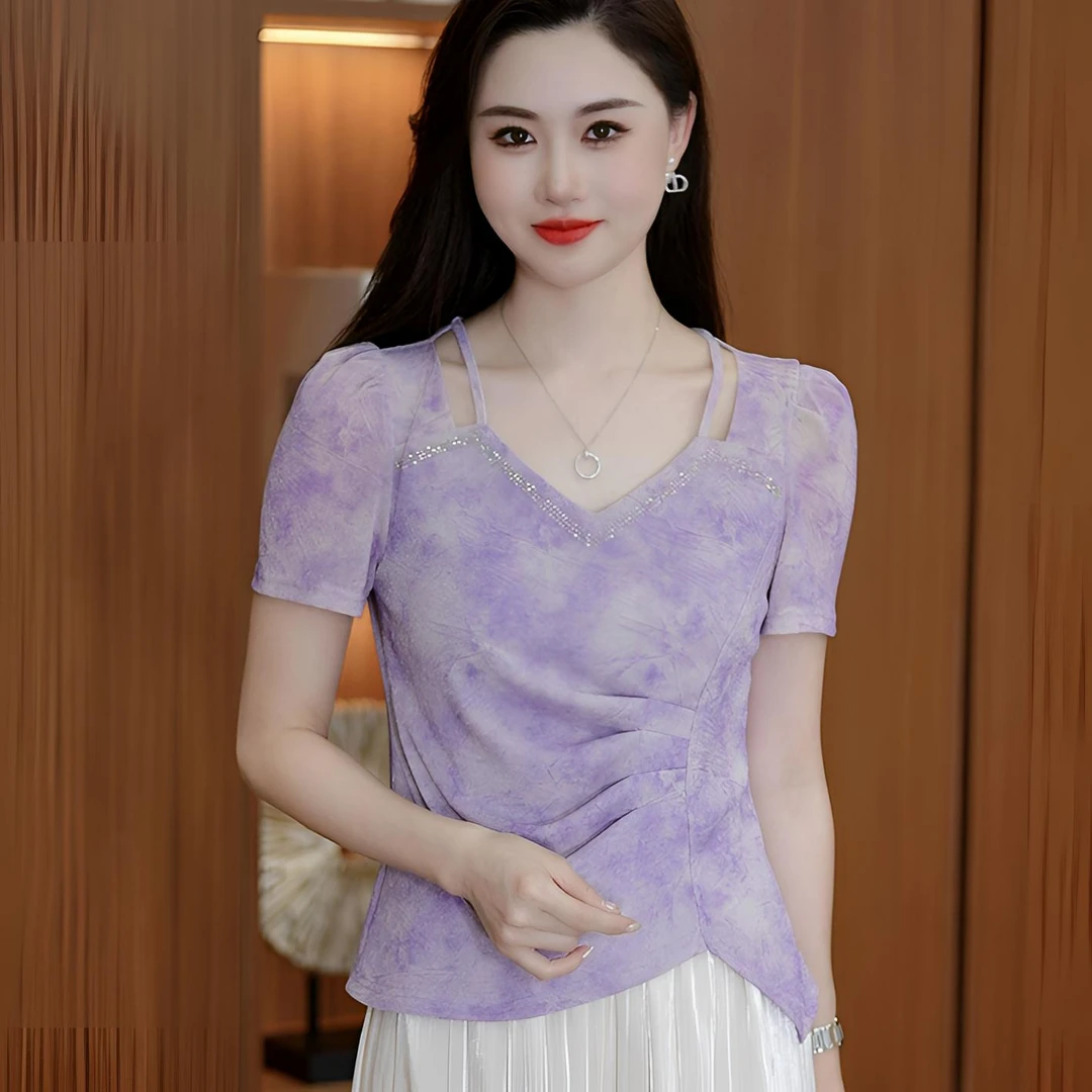 气质V领烫钻短袖T恤女2025夏季新款洋气减龄不规则褶皱显瘦上衣潮