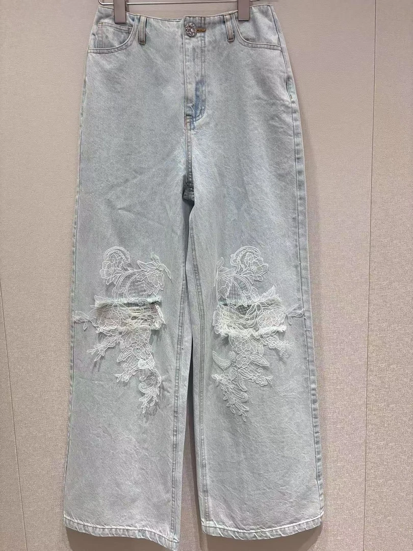 CHIC FAIRY 【破洞牛仔裤】 时尚百搭蕾丝破洞牛仔裤