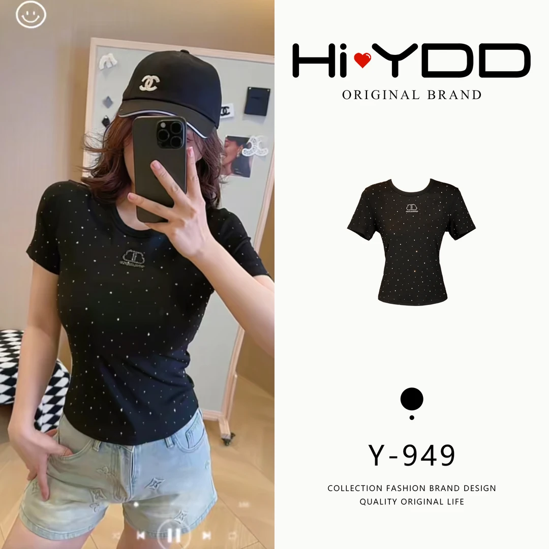 YDD•「Y-949」新款重工烫钻收腰修身酷girl百搭短袖上衣XZ-8386