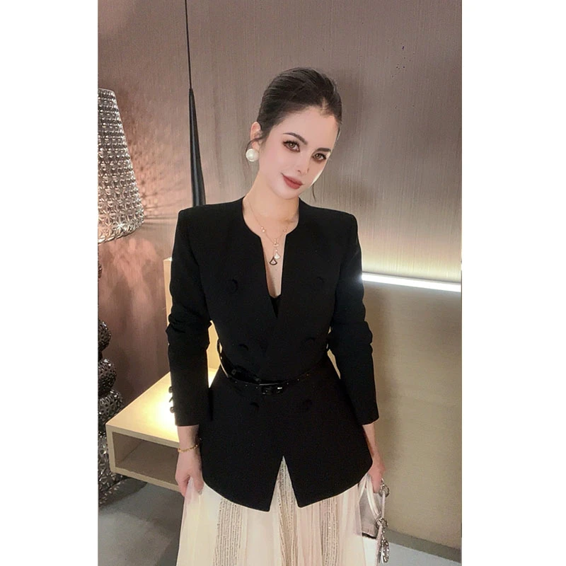 （配腰带）V领亮丝洒金收腰西装外套WT30394