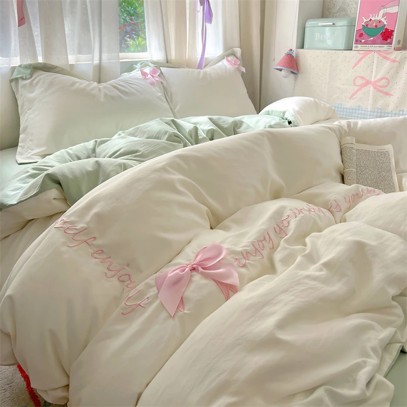 水洗棉刺绣床上四件套蝴蝶结公主风被套非全棉纯棉床单床品三件套
