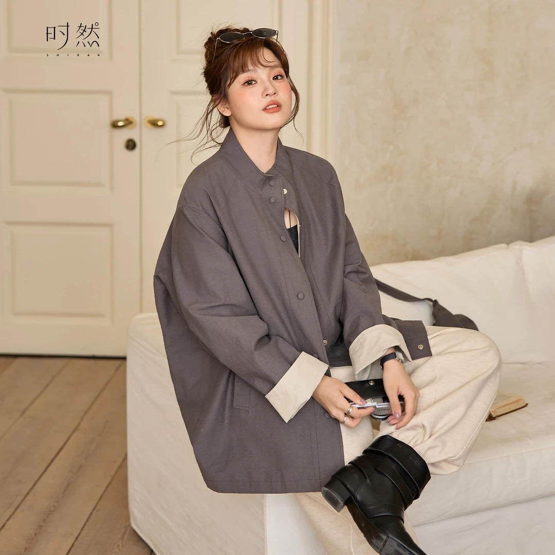 时然【斜裁诗】微胖大码女装宽松立领显瘦松弛感A形休闲风衣外套