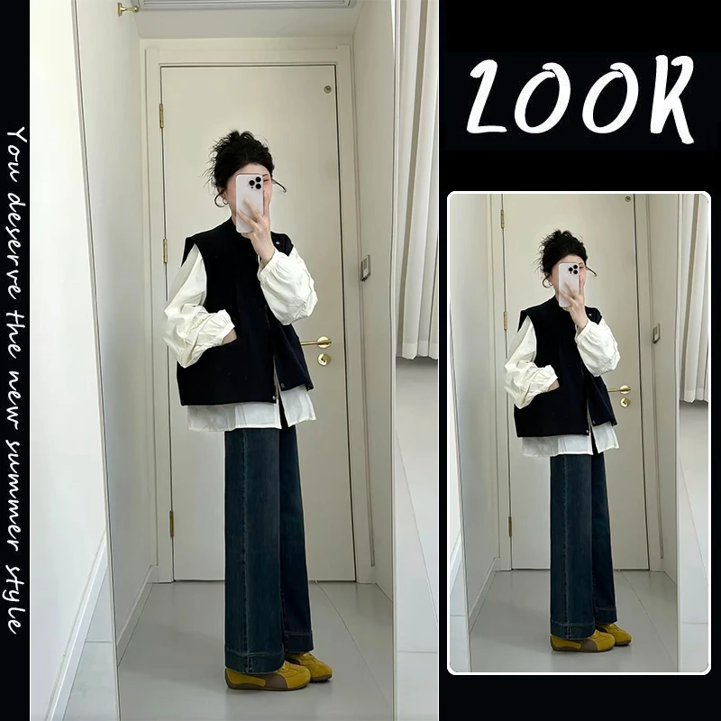 早秋穿搭套装韩系高级感2025新款宽松马甲白色衬衫牛仔裤三件套装