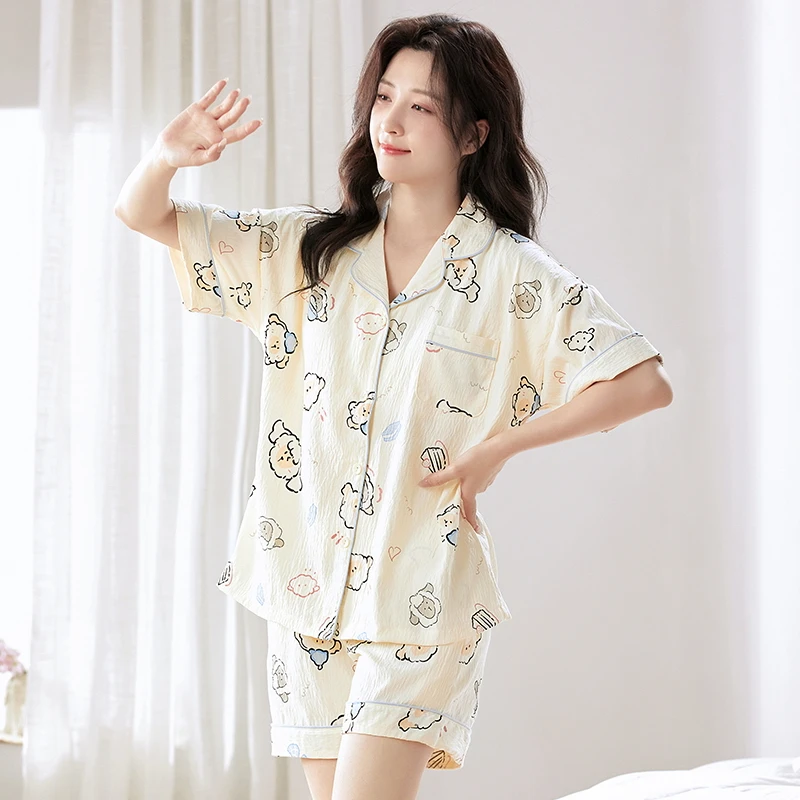睡衣女夏季云朵棉短裤短袖宽松学生带胸垫时尚美家居服外出穿套装