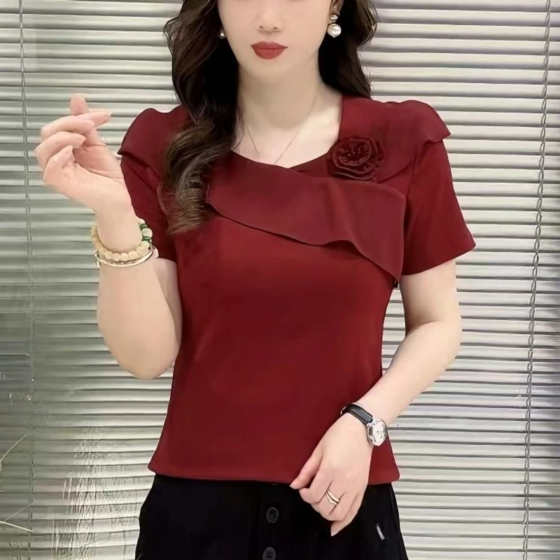 662款 夏季时尚韩版不规则一朵花百搭遮肚女士短袖上衣