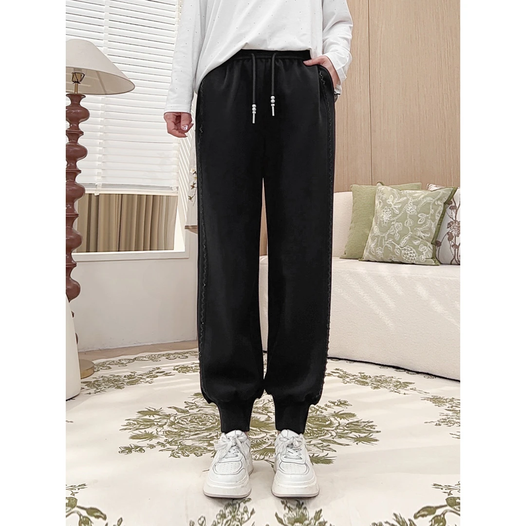 【珠片花边束脚卫裤】MsShe大码女装2025春装珠片空气层E2502026