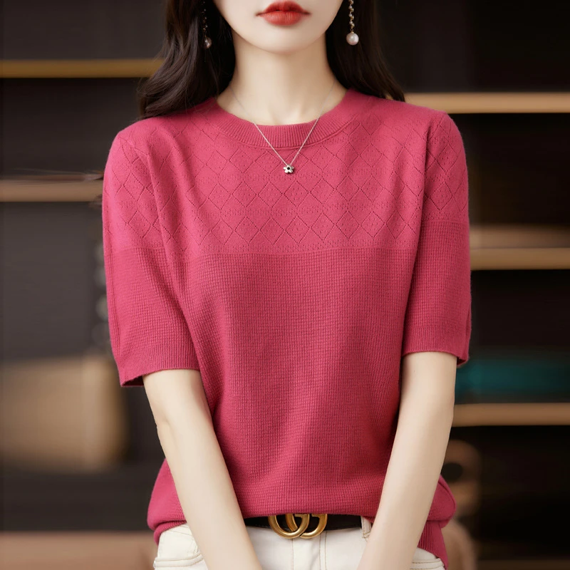 夏季丝光棉短袖针织衫女镂空短款打底T恤