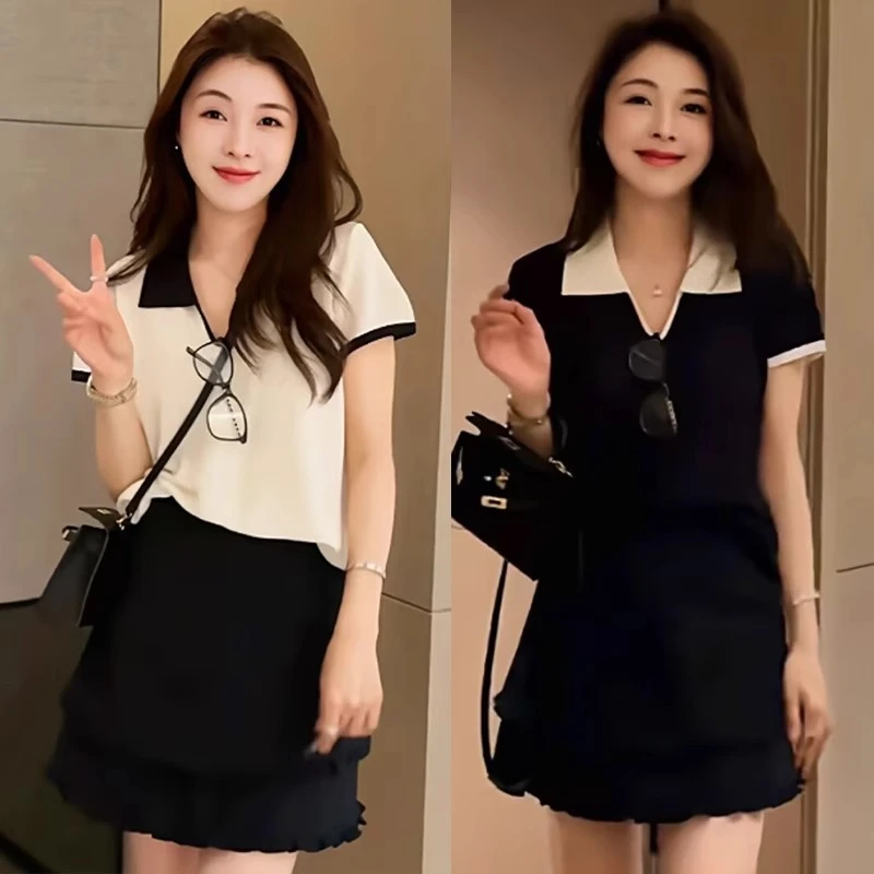 2025新款夏季小众设计感翻领撞色显白显廋针织衫短袖休闲百搭上衣