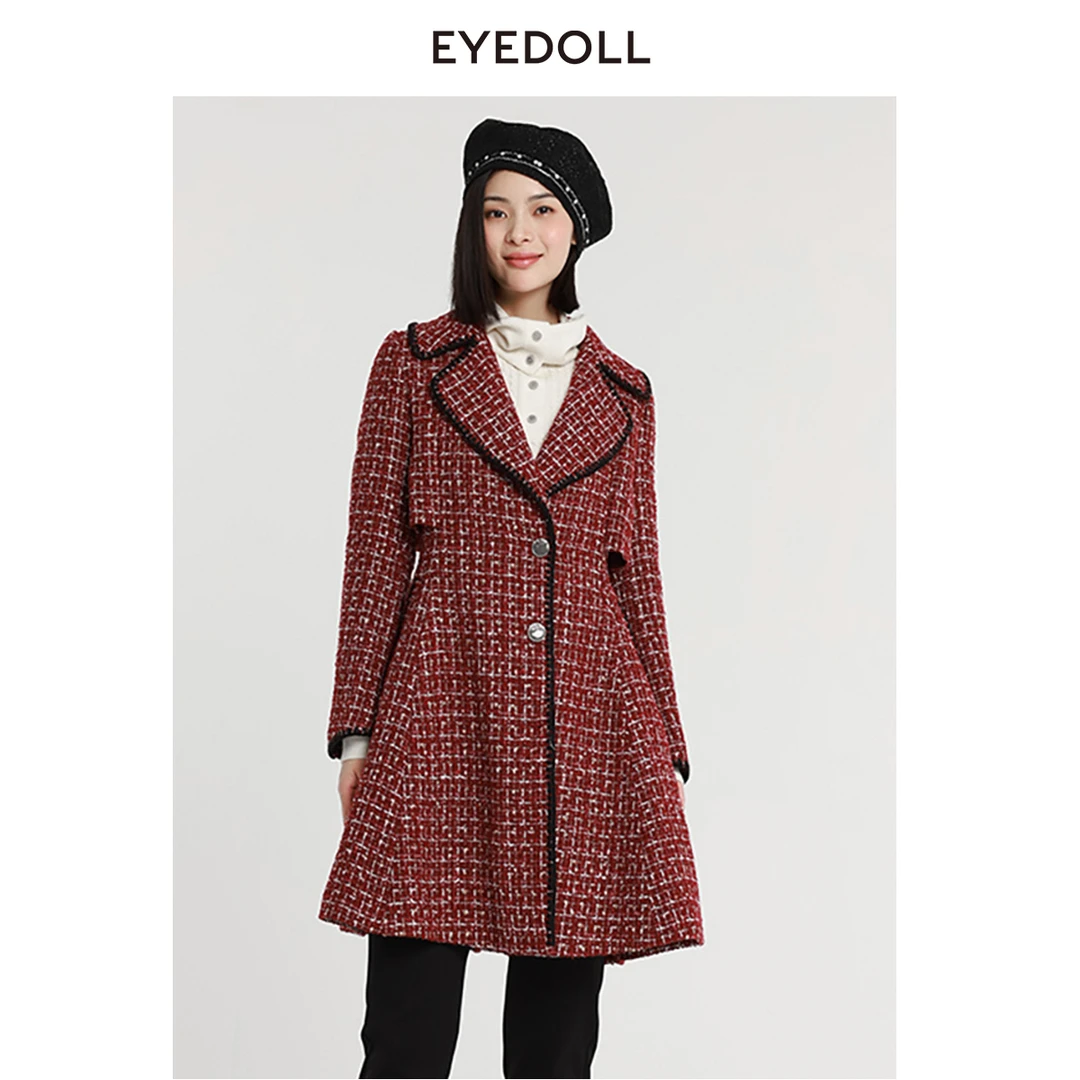 【蜜思仝粉丝专享】EYEDOLL冬季新款单排扣大翻领中长款红色大衣
