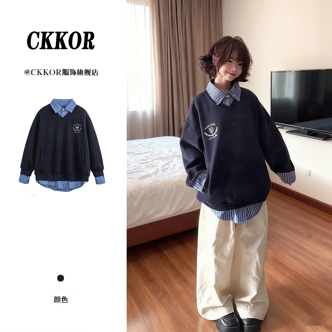 CKKOR春秋季条纹拼接假两件长袖卫衣情侣美式Polo领运动休闲外套