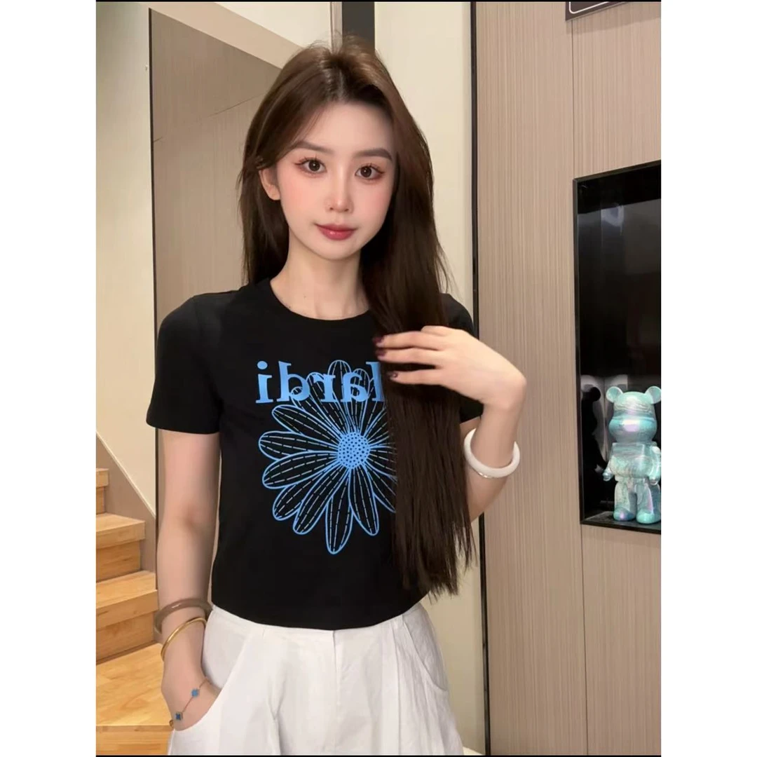 韩式夏季新款辣妹短款修身显瘦小雏菊印花短袖T恤女