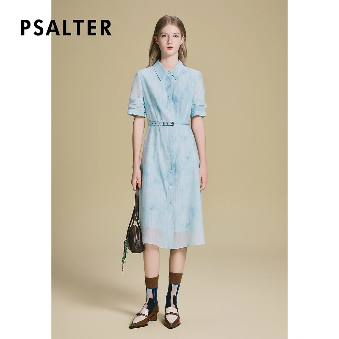 诗篇专选天丝亚麻艺术印花衬衫式连衣裙2025夏季新款