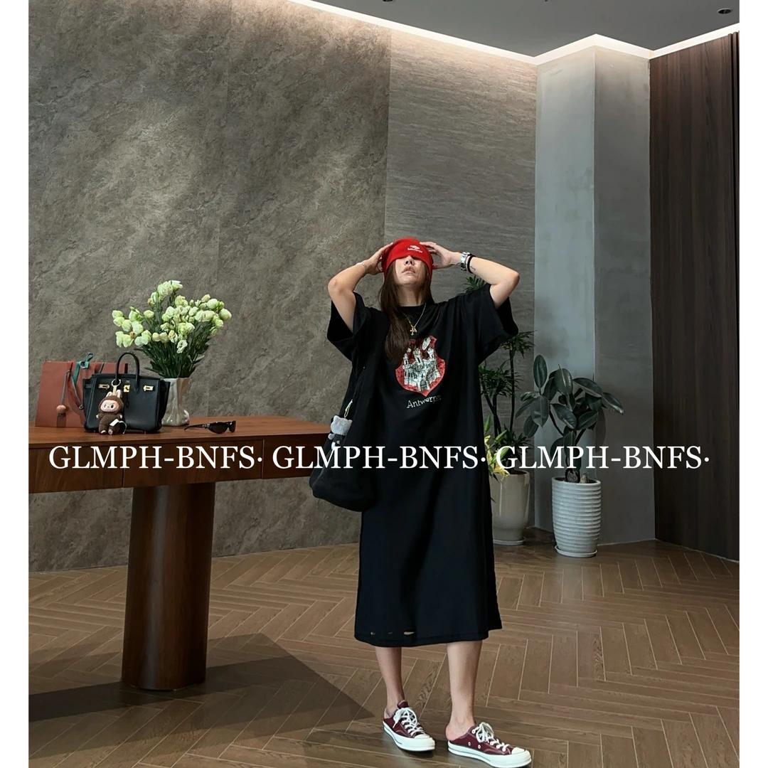 GLMPH-BNFS【冰美式】简约小众印花气质圆领短袖长款连衣裙-976