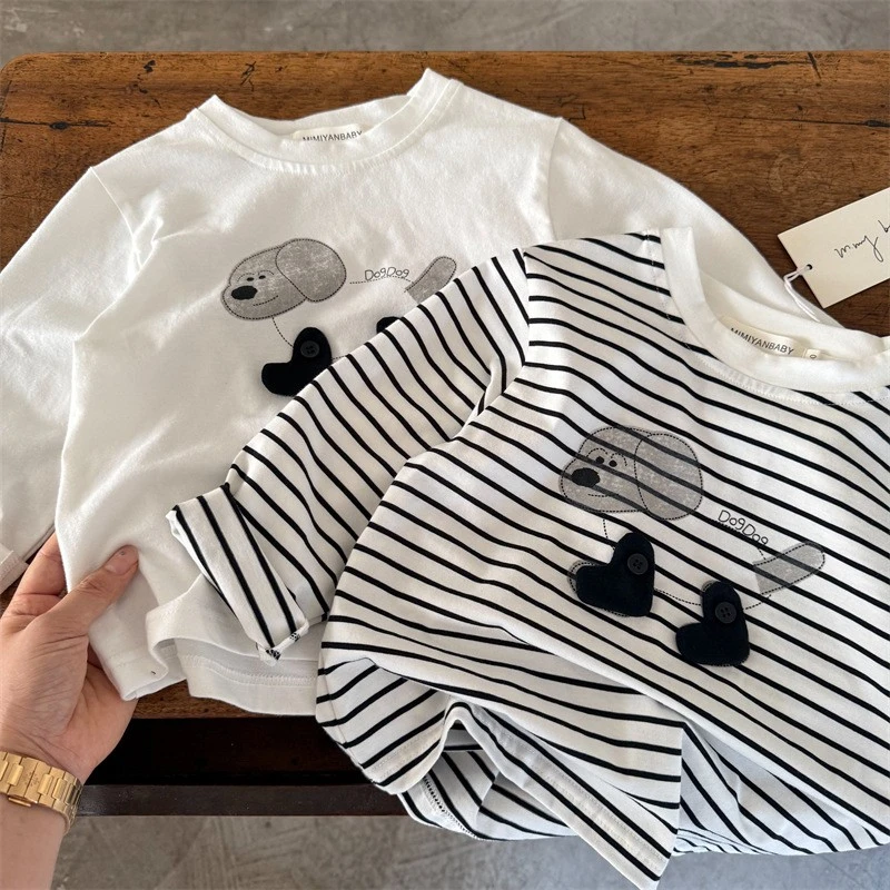 儿童t恤长袖条纹2025春秋季男童纯棉潮牌卡通上衣女童宝宝打底衫