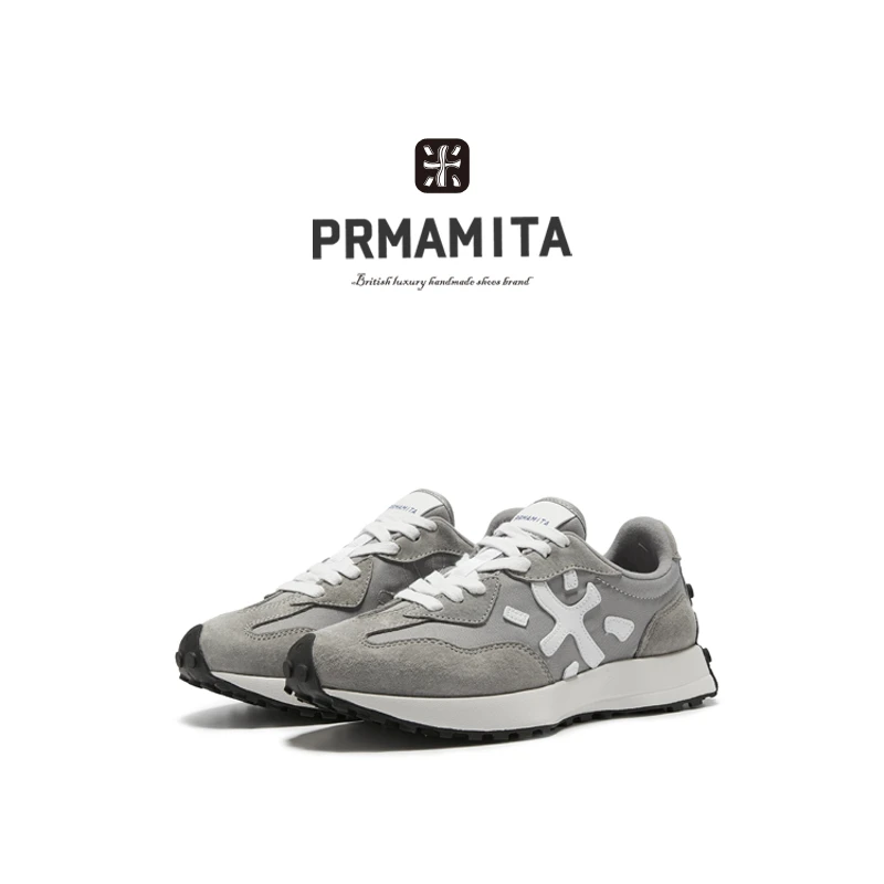 PRMAMITA轻奢休闲男鞋时尚黑色英伦风跑鞋户外运动手工米字鞋轻便