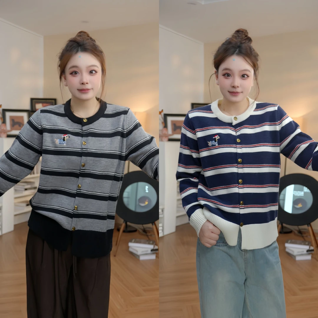 【大枣】舒间条纹 秋季新款设计感休闲风宽松条纹圆领刺绣针织开衫