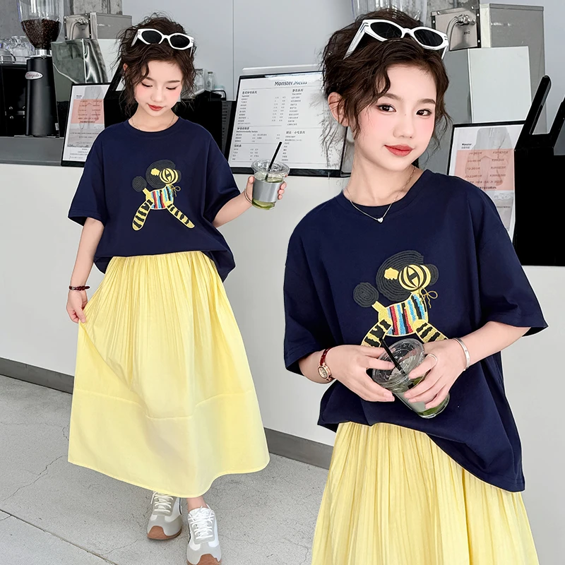 女童夏季韩版短袖T 恤2025新款儿童6-12夏装中大童时尚甜美半身裙