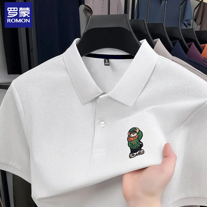 罗蒙翻领短袖POLO衫男款夏季薄款100%纯棉刺绣商务高端潮流T恤男