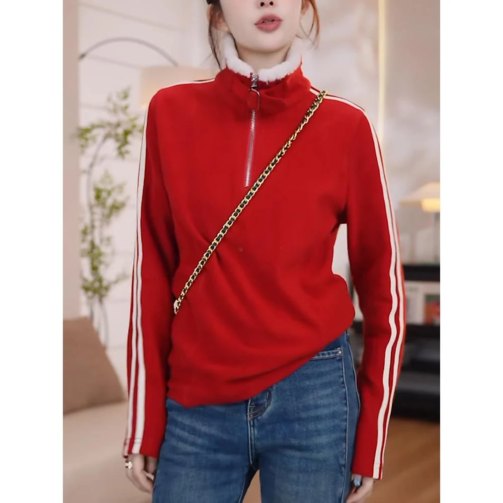 红色条纹半拉炼卫衣女士秋冬新款宽松显瘦颗粒绒加厚立领打底上衣