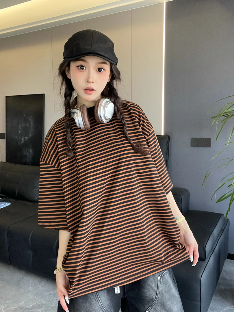 到位男装25ss春夏百搭休闲百搭条纹蝙蝠袖情侣款短袖T恤710