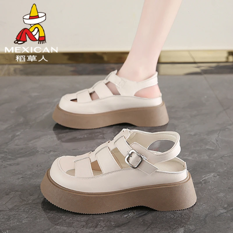 稻草人厚底凉鞋女夏季2025外穿百搭镂空休闲包头罗马凉鞋透气凉拖